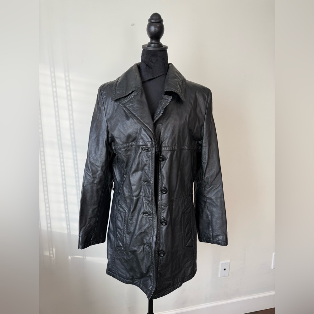 Vintage Wilsons Leather Women's Black Button-Up Trench Jacket